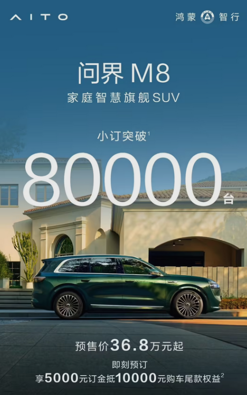 出道即巔峰！鴻蒙智行問界M8小訂突破8萬臺