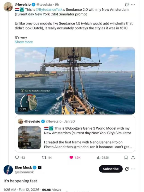 網友用Seedance2.0復刻1670年紐約市 馬斯克發文感慨：它發展很快