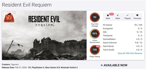 再攀新高！《生化危機：安魂曲》M站評分升至89分