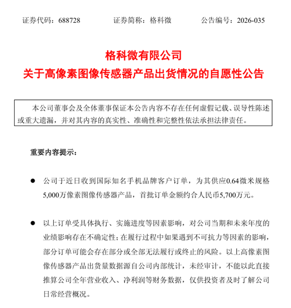 格科微：收到國際知名手機品牌訂單 供應0.64微米5000萬畫素感測器